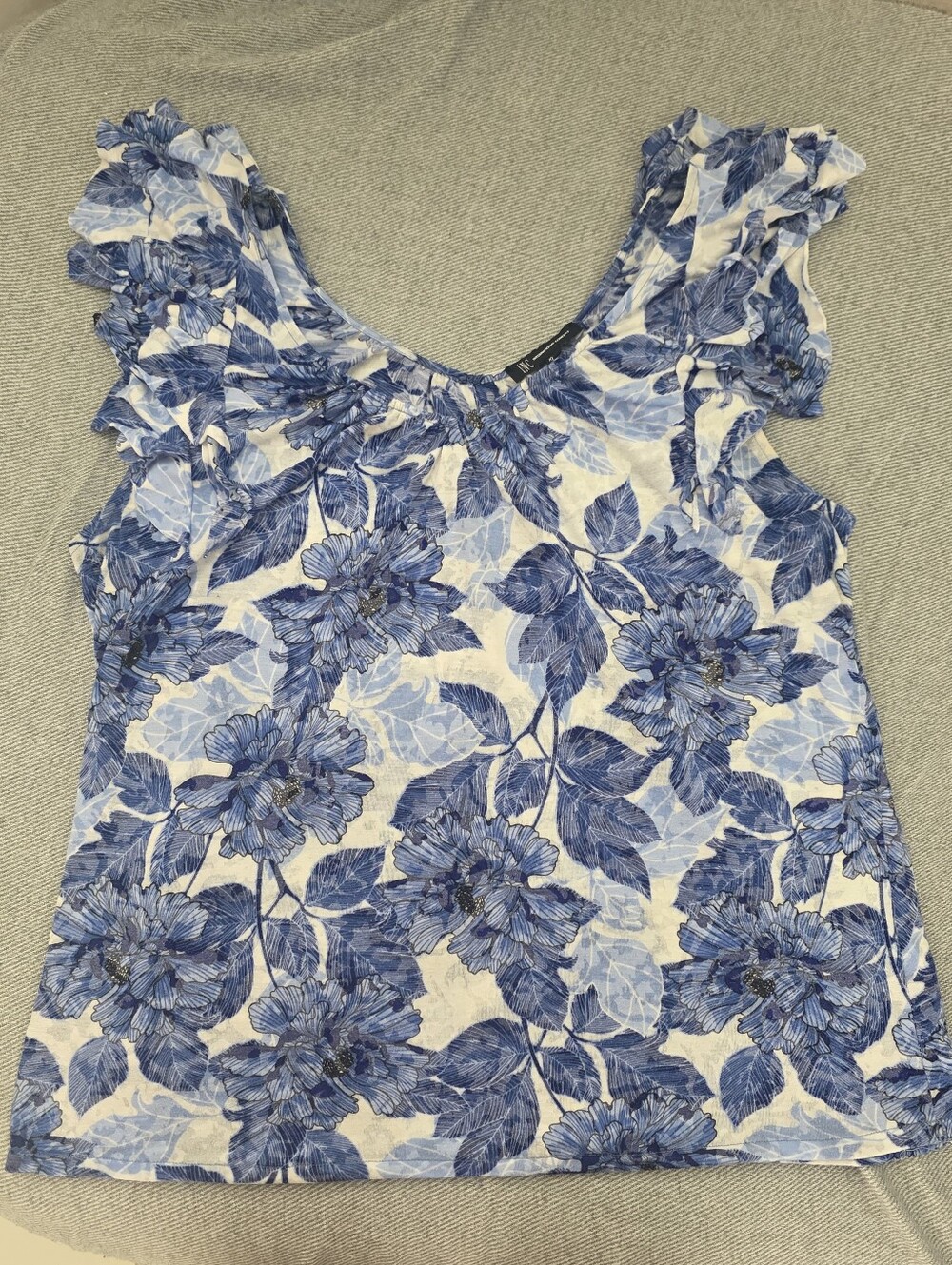 INC International Concepts Blue Floral Ruffle Tank Top